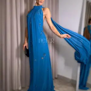 NFL1243 Vestido gola petróleo bordado