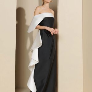 NFL1122 Vestido preto e branco babado lateral